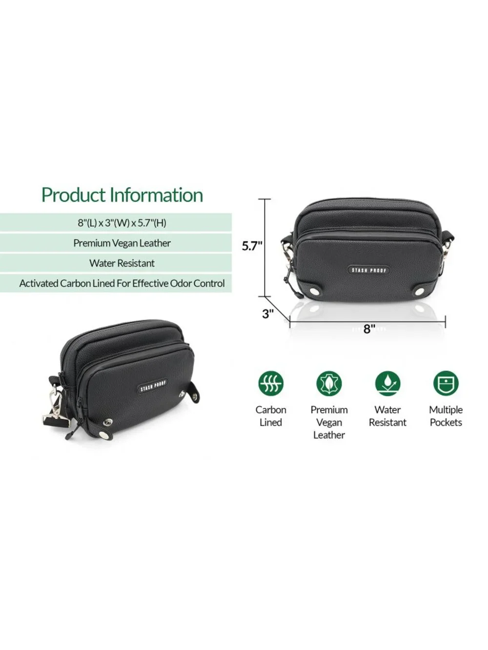 Snap Cross Body Bag Carbon Lined Odor Resistant for Men and Women, Travel, Gym